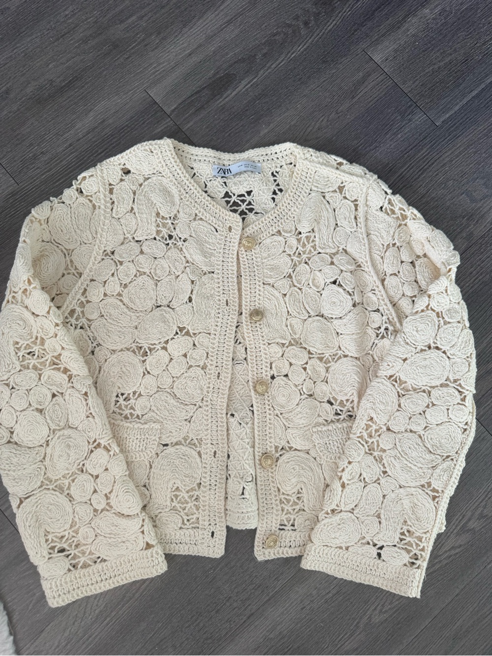 Zara Ivory Crochet Button-Front Cardigan